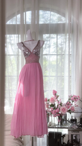 Light pink halter-neck fitted long ball gown R7655