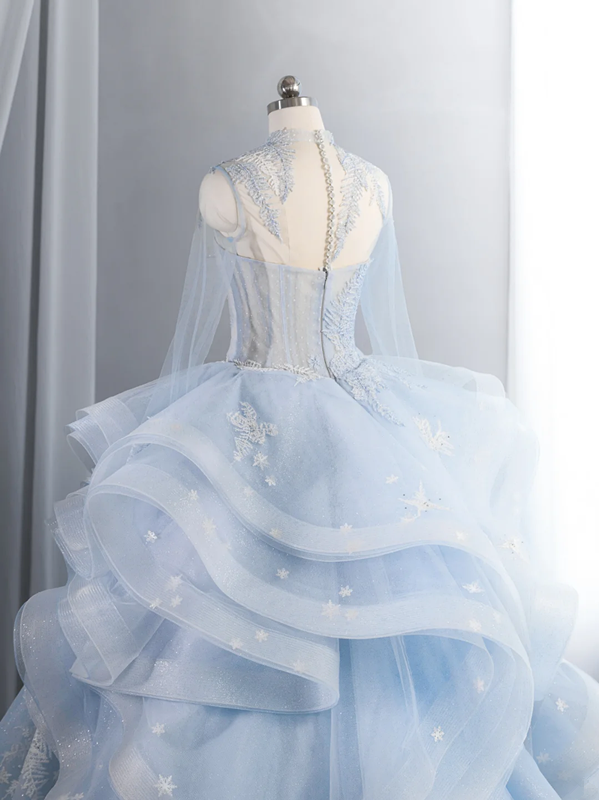 Light blue fitted waist elegant full skirt long ball gown R8436