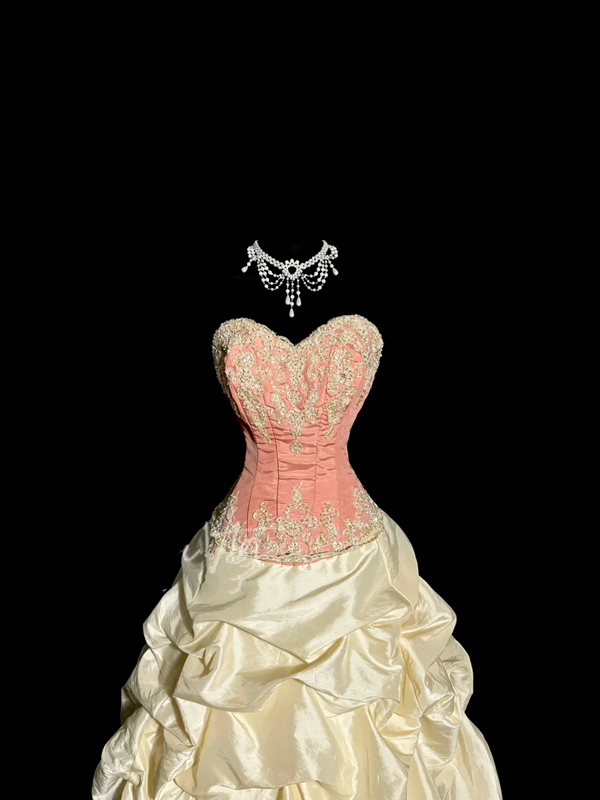 Light pink strapless fitted bodice and light apricot tutu skirt ball gown R8110