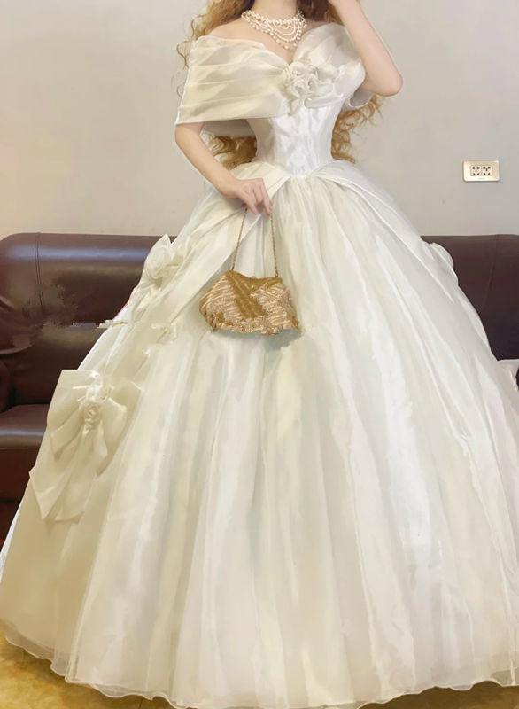 White Off-the-Shoulder Retro Elegant Waist-Cinched Puffy-Hem Ball Gown, Bridal Gown R7334
