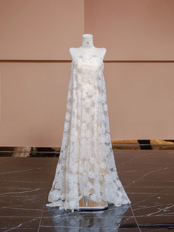 Light apricot halter-neck long straight-cut ball gown, bridal dress R8348