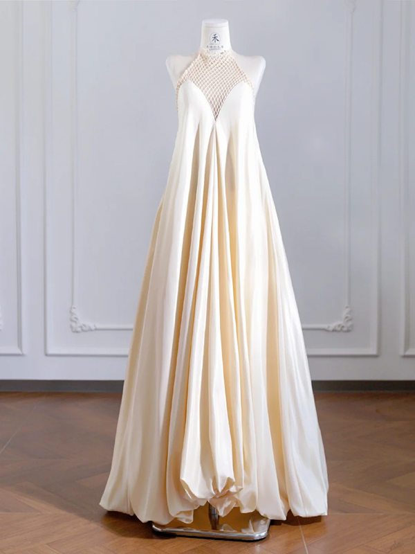 Light apricot sleeveless puffy long elegant ball gown R8241