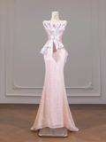 Light pink strapless, fitted, bodycon long ball gown/bridal dress R8262