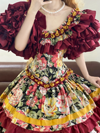 Red Retro Floral-Patterned Waist-Cinched Fitted Tiered-Hem Ball Gown, Bridal Gown R7335