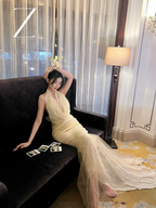 Apricot Halter Neck Waist-Cinched Fitted Floor-Length Elegant Prom Dress R7101