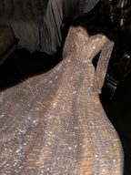 Gold sequined off-shoulder fitted long ball gown/bridal dress R8719