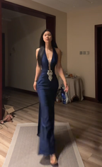 Navy blue halter neck, fitted waist, bodycon mermaid long ball gown R7888