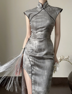 Gray sleeveless Chinese‑collar waist‑cinched slim‑fit bodycon elegant slit prom gown R8007