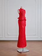 Red sleeveless fitted waist top and sexy bodycon skirt set for a ballroom gown R8176