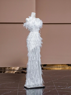 White strapless, fitted, sexy long ball gown with feather design; bridal gown R8320