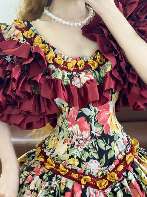 Red Retro Floral-Patterned Waist-Cinched Fitted Tiered-Hem Ball Gown, Bridal Gown R7335