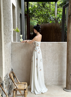 White-based pink floral print spaghetti strap waist-cinched slim-fit long elegant prom dress R7956