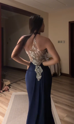 Navy blue halter neck, fitted waist, bodycon mermaid long ball gown R7888