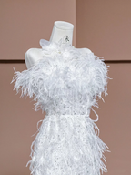 White strapless, fitted, sexy long ball gown with feather design; bridal gown R8320