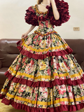 Red Retro Floral-Patterned Waist-Cinched Fitted Tiered-Hem Ball Gown, Bridal Gown R7335