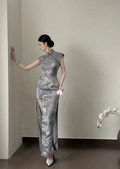 Gray sleeveless Chinese‑collar waist‑cinched slim‑fit bodycon elegant slit prom gown R8007