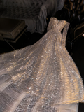 Gold sequined off-shoulder fitted long ball gown/bridal dress R8719