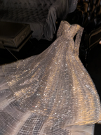 Gold sequined off-shoulder fitted long ball gown/bridal dress R8719