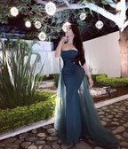 Vintage Blue Strapless Satin Beaded Mermaid Evening Dress Formal Party Gown