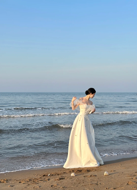 White one‑shoulder, waist‑cinched satin elegant long prom dress R7968