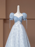 Light gray-blue puff sleeve, fitted waist, A-line skirt, long ball gown R8498