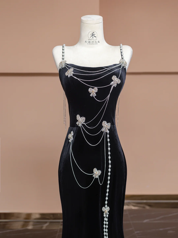 Black halter-neck beaded fitted waist slim hip-hugging sexy long ball gown/bridal dress R8293