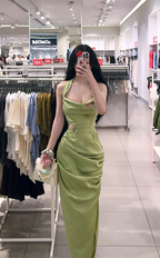 Light green halter neck, fitted waist, pleated hip-hugging sexy long ball gown R7889