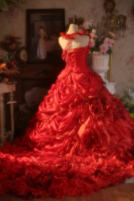 Red Halter-Neck Waist-Cinched Puffy-Hem Ball Gown, Bridal Gown R7336