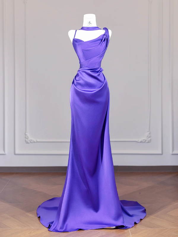 Deep purple halter-neck fitted bodycon long ball gown R8263