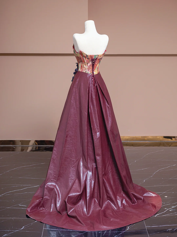 Vintage oil painting floral strapless cinched waist patchwork burgundy long ball gown, bridal dress R8321