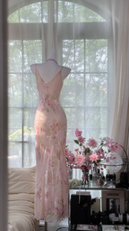 Light pink floral print halter-neck fitted long elegant ball gown R7657