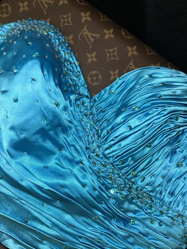 Blue strapless, fitted, bodycon mermaid long ball gown R7022