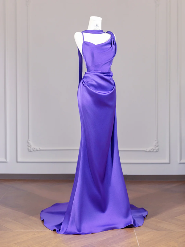 Deep purple halter-neck fitted bodycon long ball gown R8263