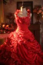 Red Halter-Neck Waist-Cinched Puffy-Hem Ball Gown, Bridal Gown R7336
