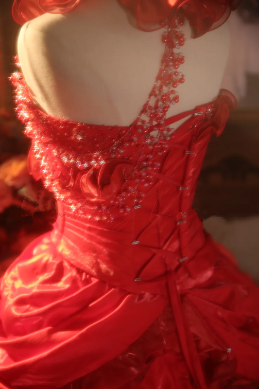 Red Halter-Neck Waist-Cinched Puffy-Hem Ball Gown, Bridal Gown R7336