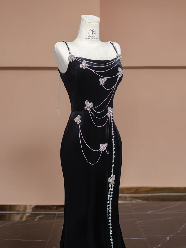 Black halter-neck beaded fitted waist slim hip-hugging sexy long ball gown/bridal dress R8293