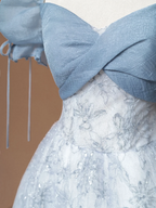 Light gray-blue puff sleeve, fitted waist, A-line skirt, long ball gown R8498