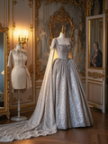 Light gray square-neck waist-cinching slim-fit ballgown prom dress R7929