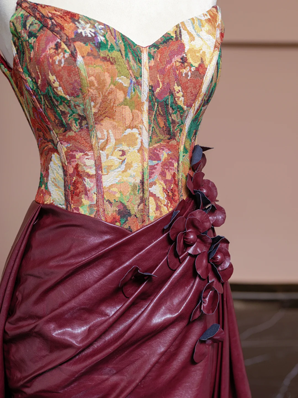 Vintage oil painting floral strapless cinched waist patchwork burgundy long ball gown, bridal dress R8321