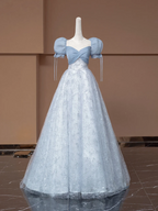 Light gray-blue puff sleeve, fitted waist, A-line skirt, long ball gown R8498