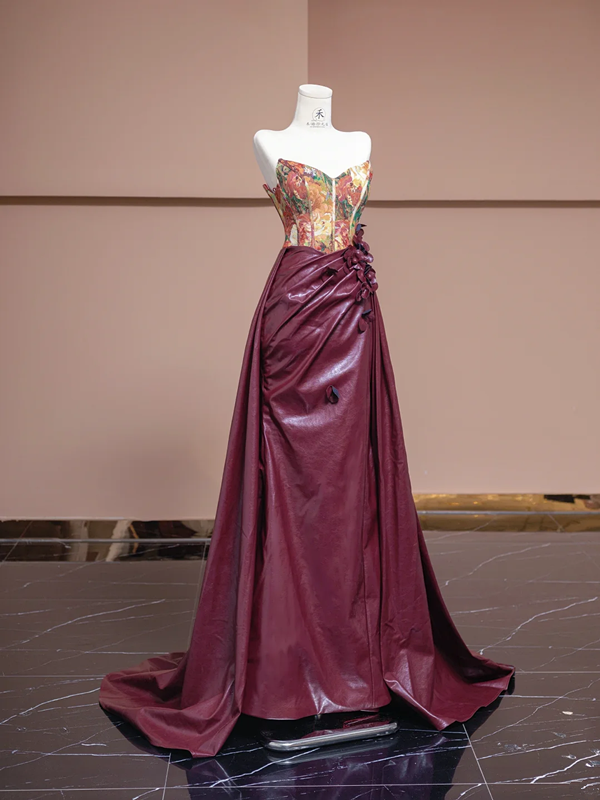 Vintage oil painting floral strapless cinched waist patchwork burgundy long ball gown, bridal dress R8321