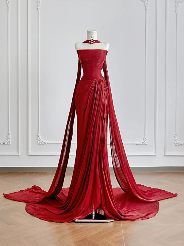 Deep red strapless fitted waist pleated long sexy ball gown R8177