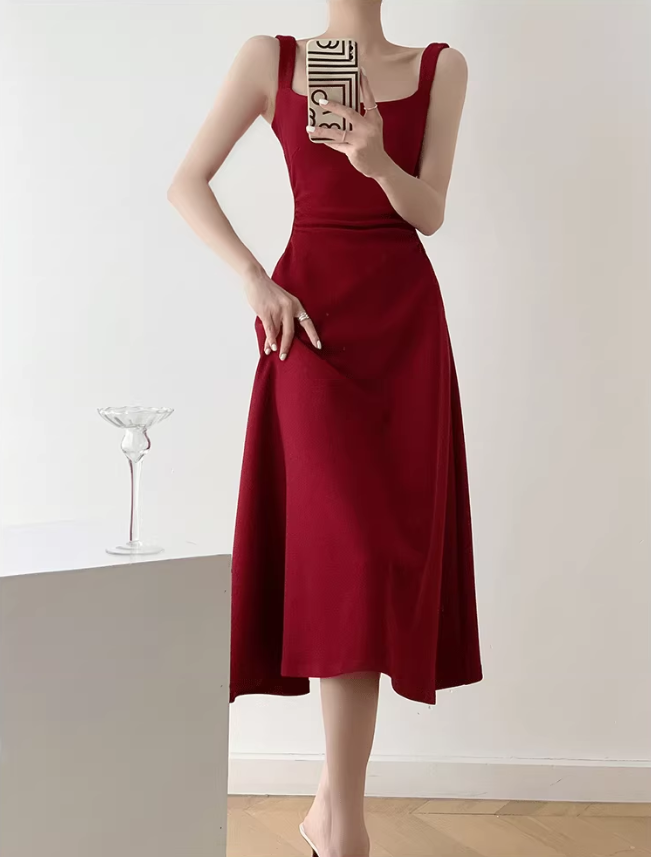 Retro red square neck suspender dress temperament waist banquet engagement A-line dress R1427