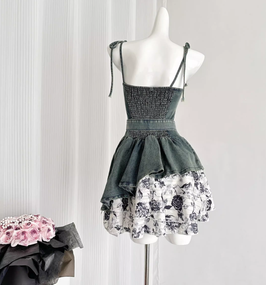 Original rose denim dress 2025 new slim hot girl suspender skirt high-end R2060