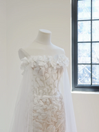 Apricot-colored white floral print off-the-shoulder fitted long ball gown/bridal dress R8499