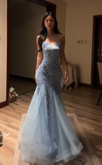 Light blue halter-neck fitted bodycon fishtail skirt ball gown R8067