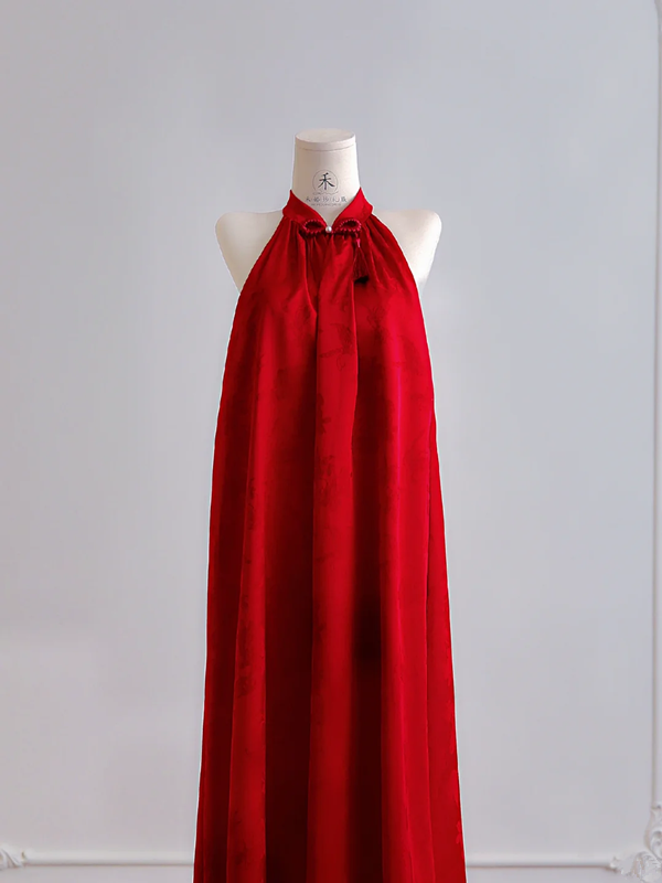 Red sleeveless straight-cut long ball gown with Chinese-style collar R8178