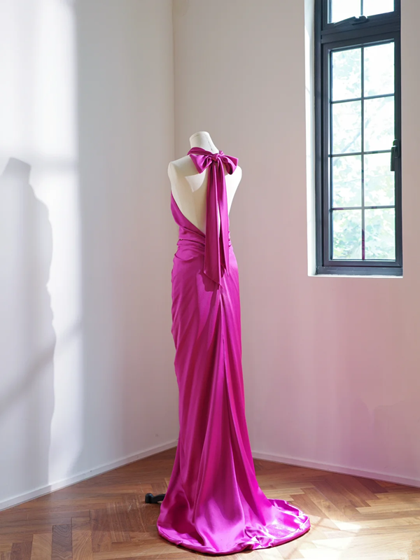Rose pink halter neck fitted waist backless sexy long ball gown R8469