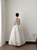 White floral-print spaghetti-strap waist-cinched slim-fit long ball gown with a ruffled skirt, wedding dress R8009