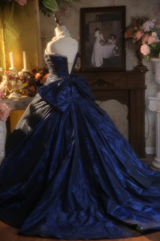 Navy Blue Strapless Waist-Cinched Puffball Skirt Ball Gown, Bridal Gown R7349